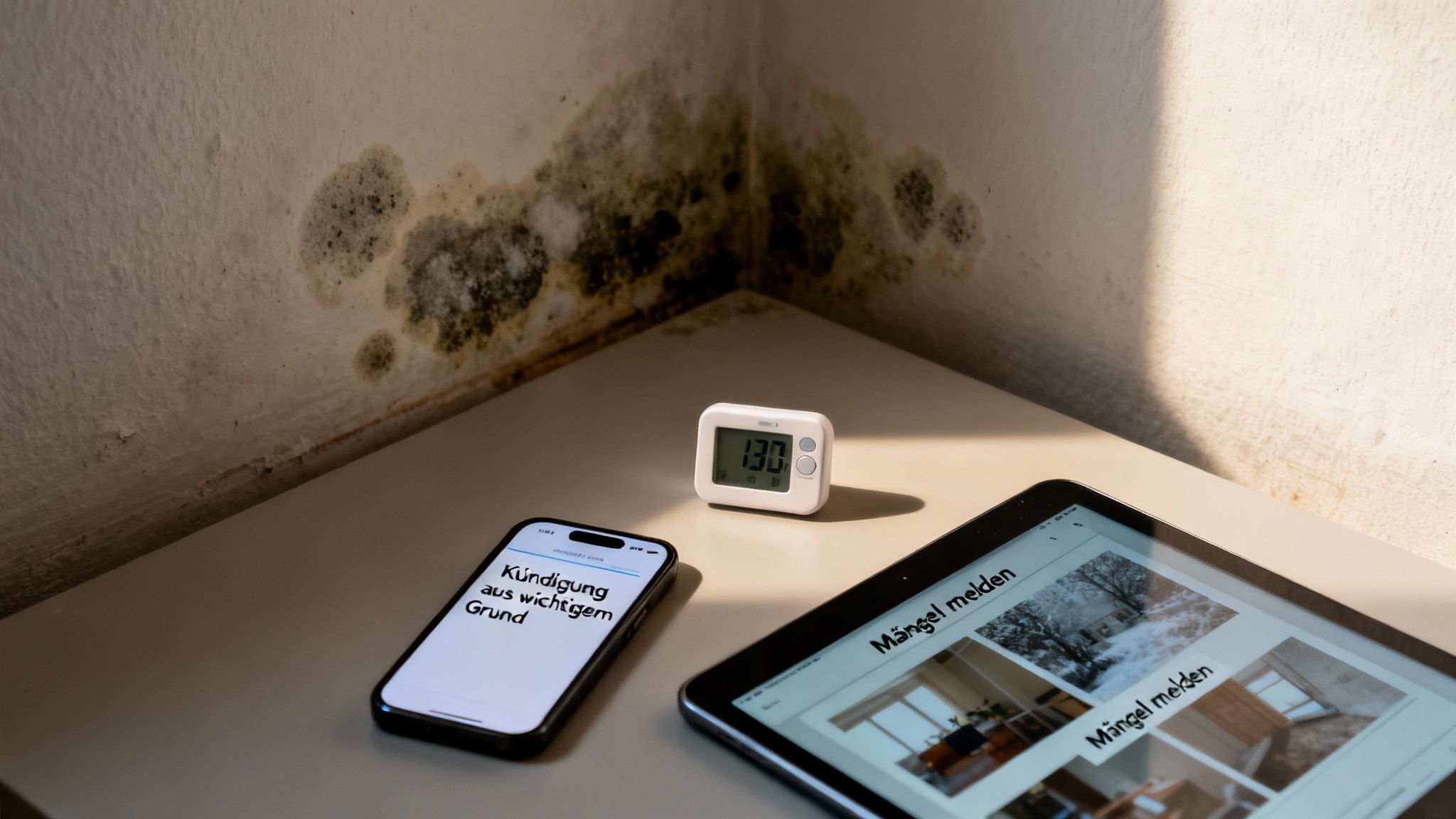Ecke eines Zimmers mit starkem Schimmelbefall an den Wänden, daneben ein Thermometer, ein Smartphone mit Kündigungstext und ein Tablet zum Mängelmelden.