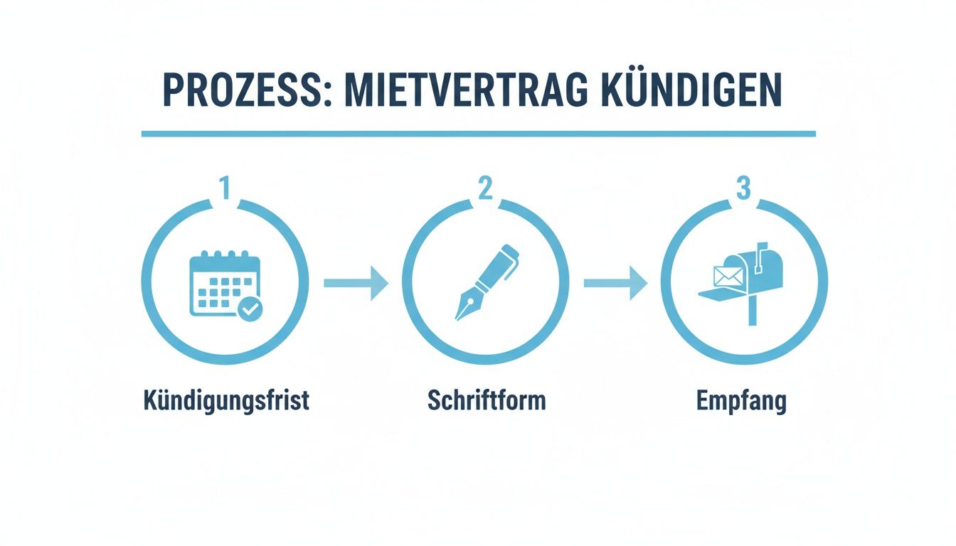 Infografik zum Kündigungsprozess eines Mietvertrags mit den Schritten Kündigungsfrist, Schriftform und Empfang.
