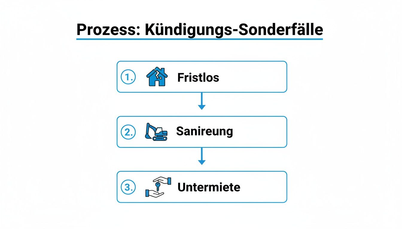 Flussdiagramm zeigt drei Sonderfälle der Kündigung: fristlos, Sanierung und Untermiete.