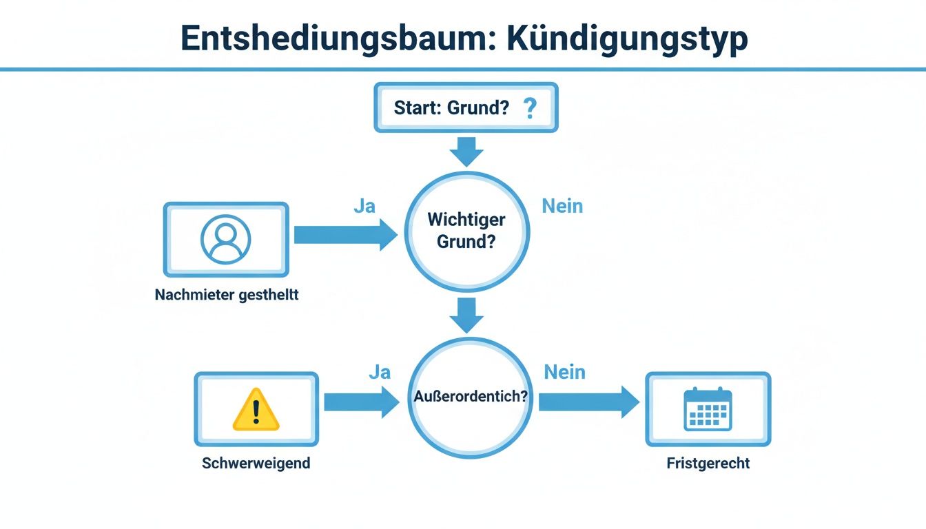 Entscheidungsbaum zur Bestimmung des Kündigungstyps: wichtiger Grund, außerordentlich, oder fristgerecht.