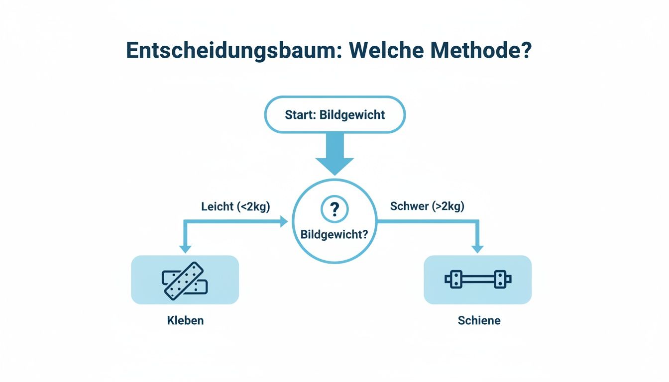 Entscheidungsbaum zur Wahl der Befestigungsmethode für Bilder, abhängig vom Bildgewicht (leicht oder schwer).