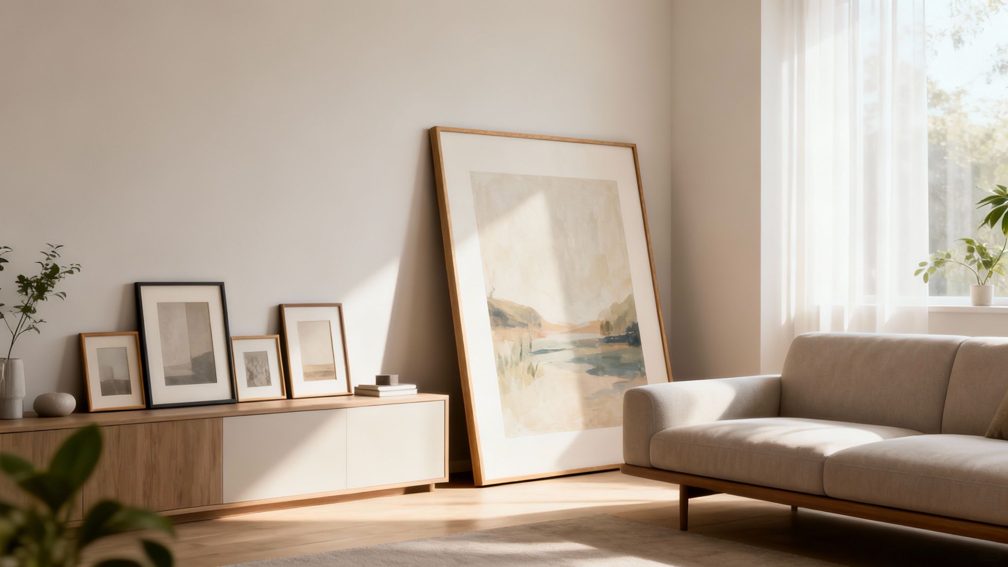 Helles Wohnzimmer mit beigem Sofa, Holzkonsole, gerahmten Bildern und großem abstraktem Kunstwerk an der Wand.