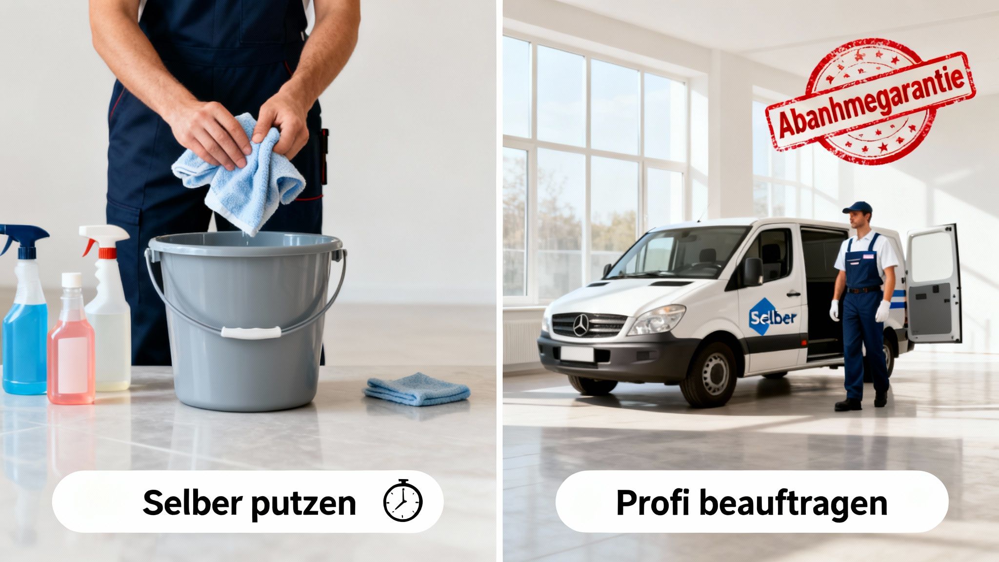Kontrast zwischen Selberputzen mit Eimer und Putzmitteln und professioneller Reinigung mit Transporter und Abnahmegarantie.