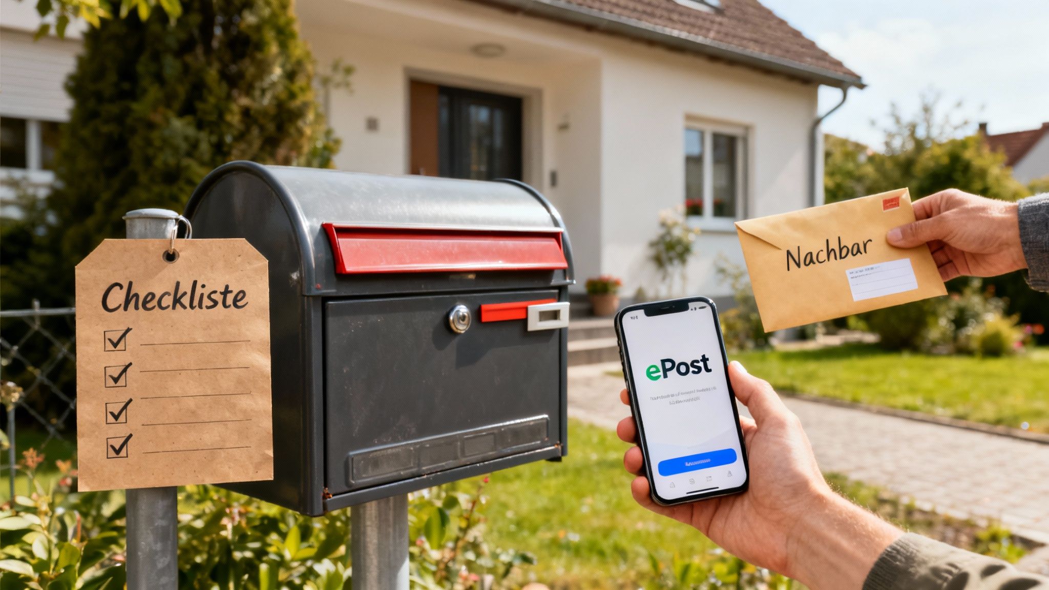 Hände mit Smartphone (ePost App) und Brief (Nachbar) vor Briefkasten mit Checkliste und Haus.