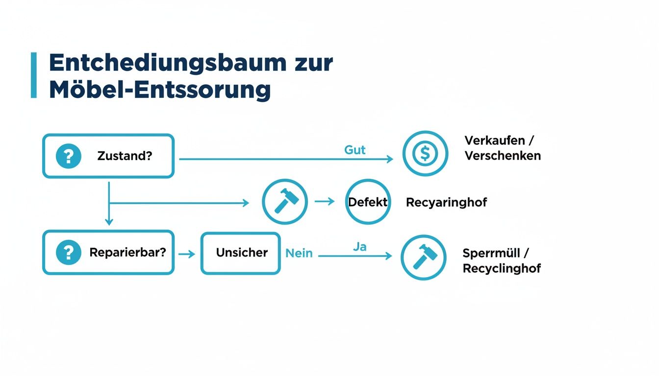 Entscheidungsbaum zur Möbel-Entsorgung, der Optionen wie Verkauf, Verschenken, Reparatur und Recyclinghof basierend auf dem Zustand aufzeigt.