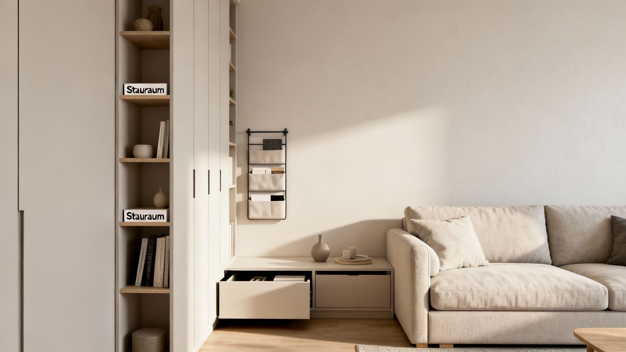 Minimalistisches Wohnzimmer mit hellen Einbauschränken, Sofa und Wandorganizer, ideal für kleine Räume.