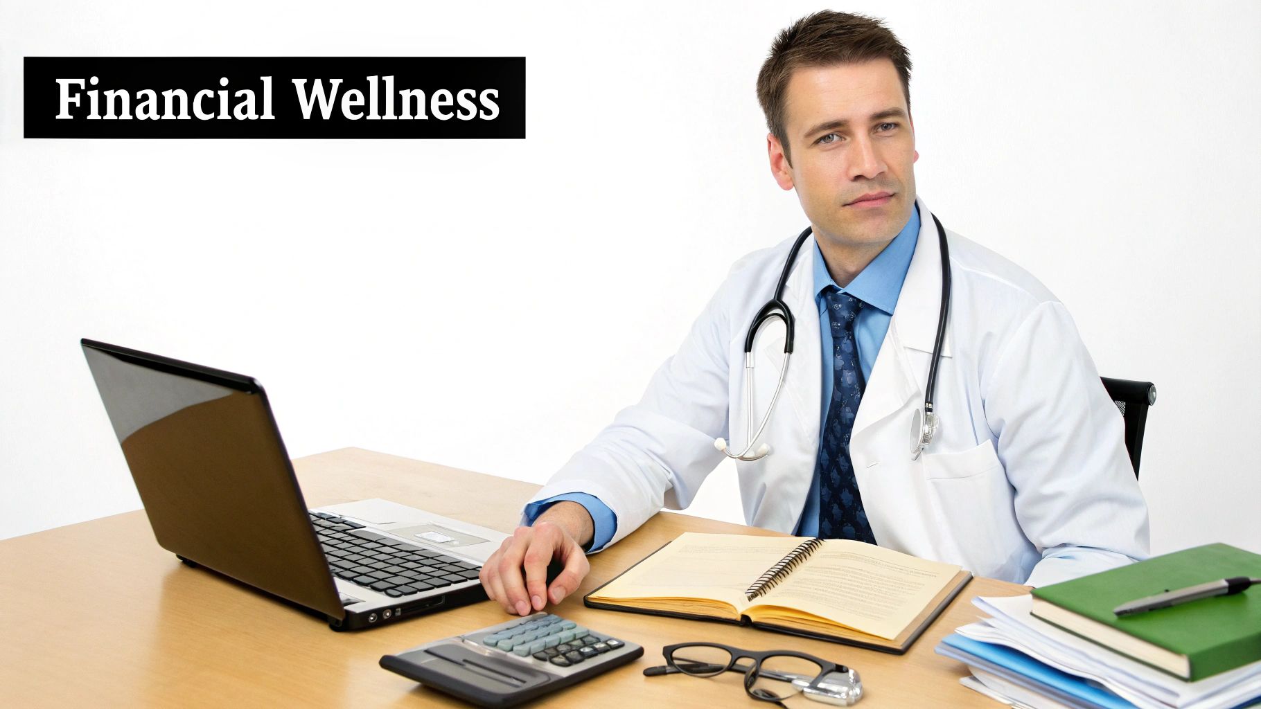 A male doctor in a white coat sits at a desk with a laptop, calculator, and books, with 'Financial Wellness' text.