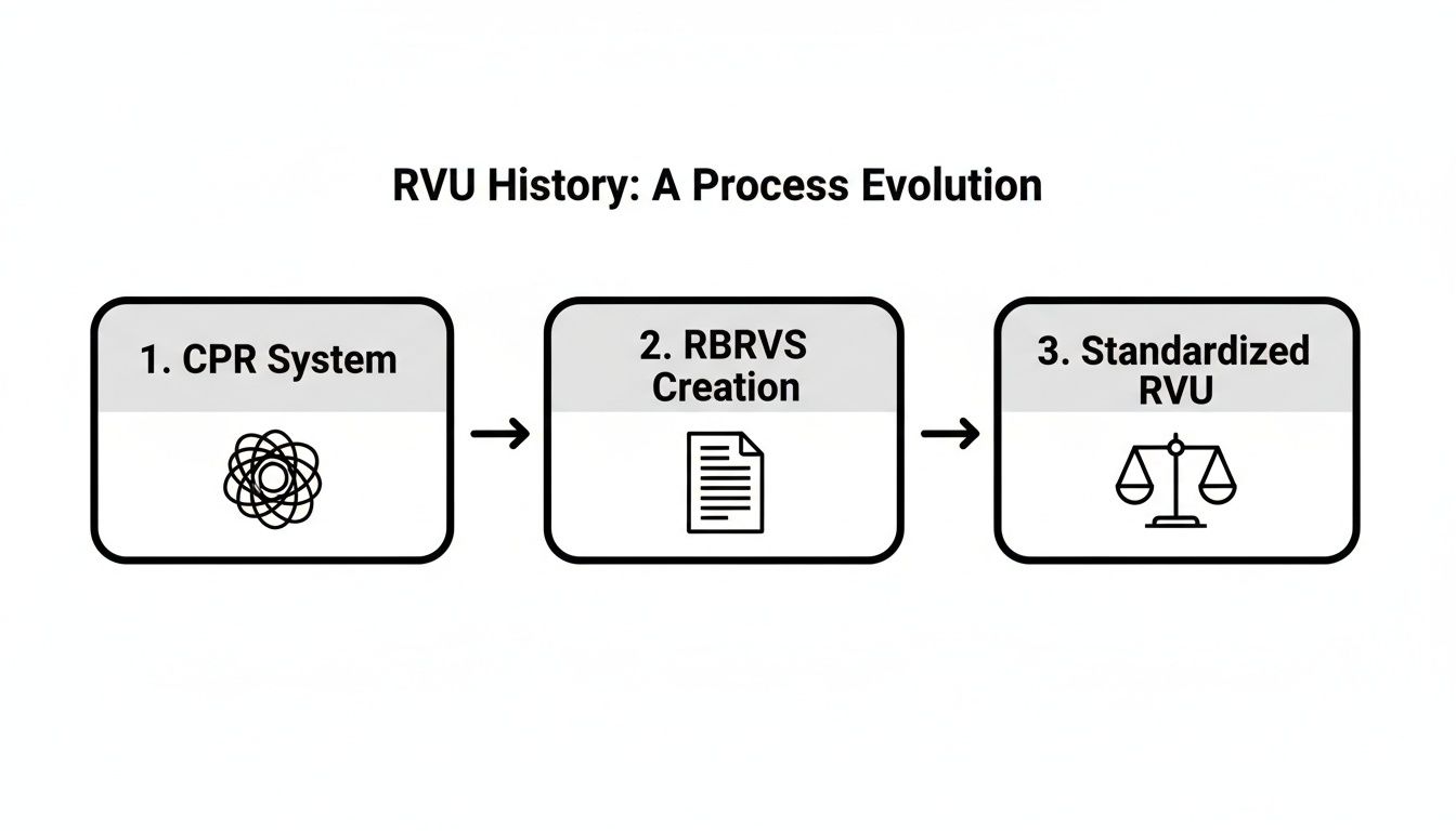 Flowchart showing the evolution of RVU from CPR System to RBRVS Creation and then Standardized RVU.