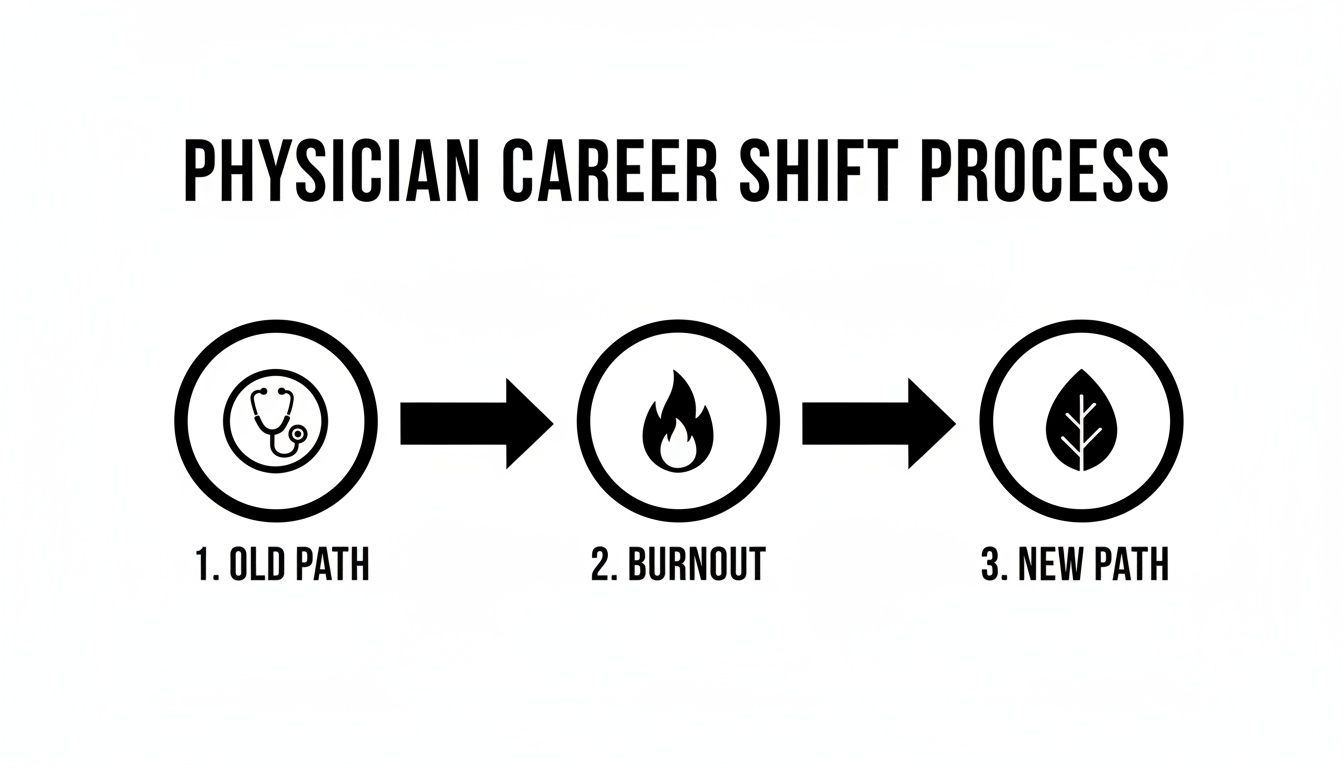 Infographic showing the physician career shift process: old path, burnout, and new path.