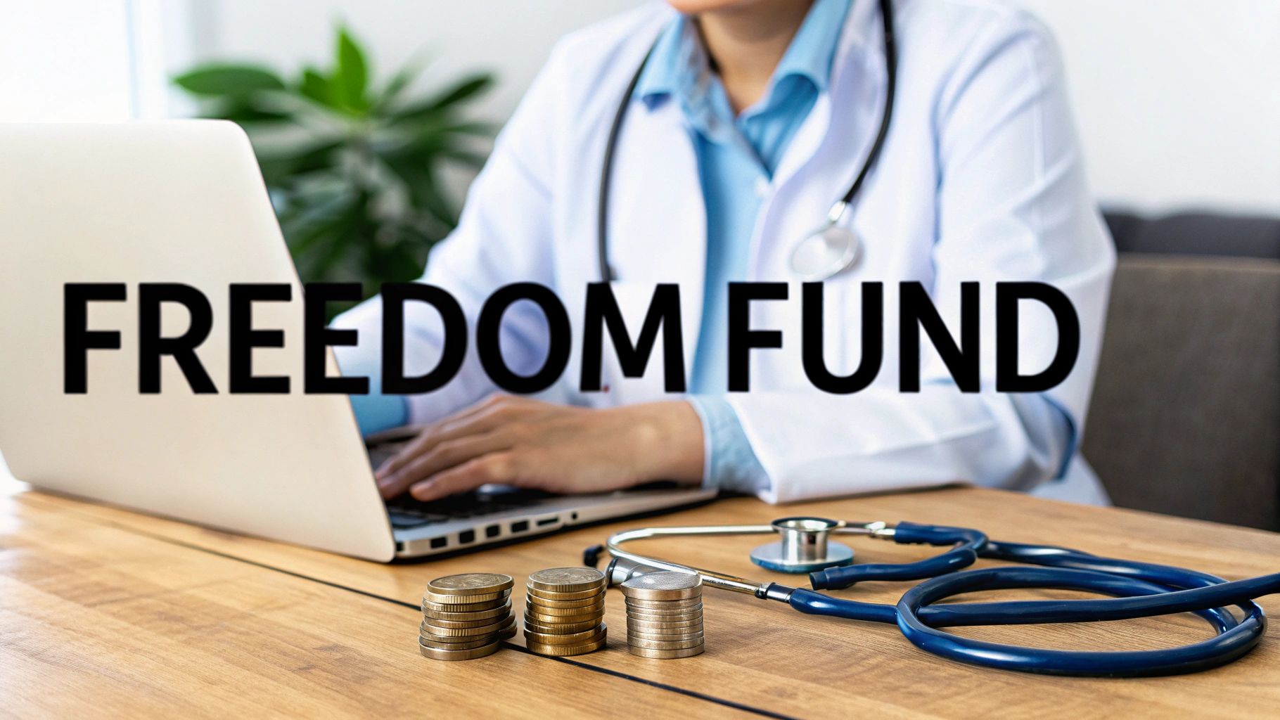 A doctor uses a laptop with 'FREEDOM FUND' overlay, coins, and a stethoscope on a table.
