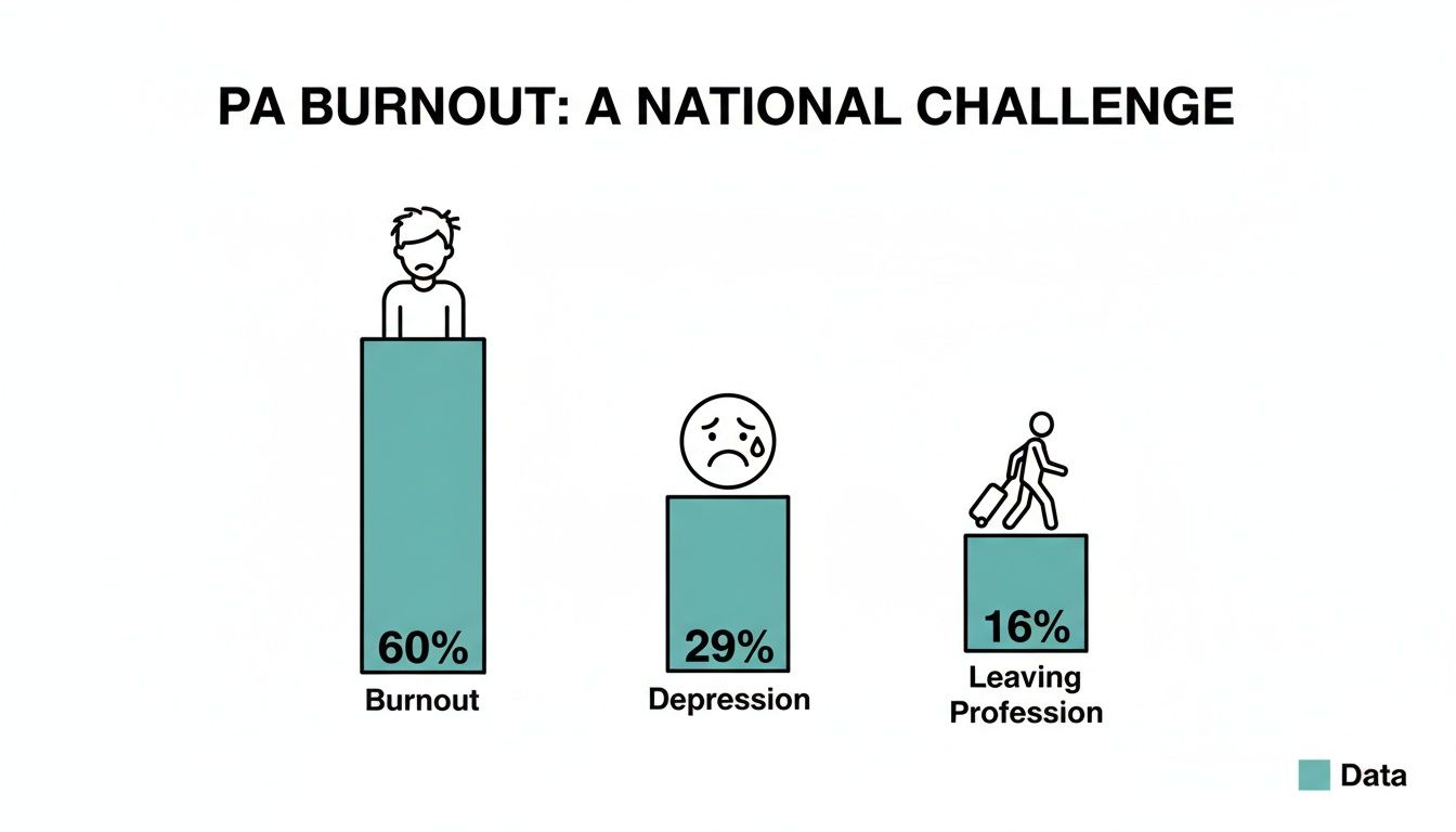 Infographic on PA burnout shows 60% experience burnout, 29% depression, 16% leaving profession.
