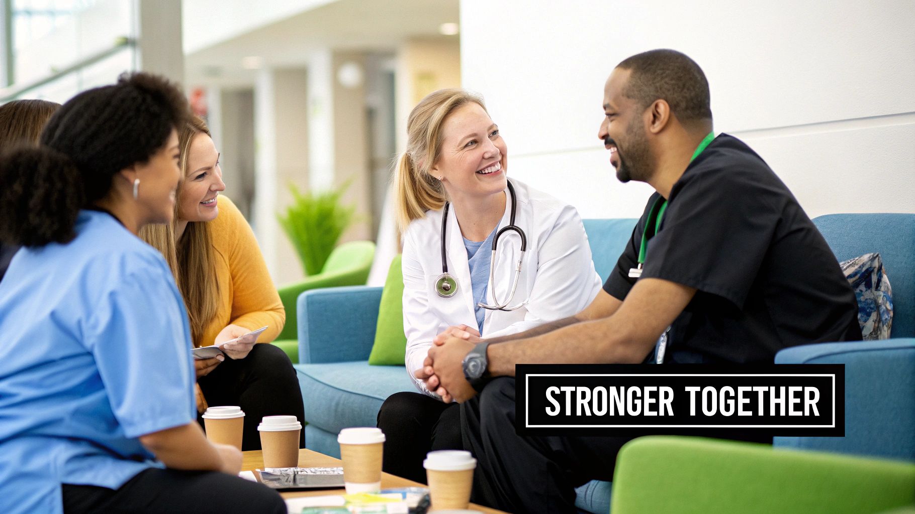 Diverse healthcare professionals smiling and talking in a modern lounge, emphasizing teamwork.