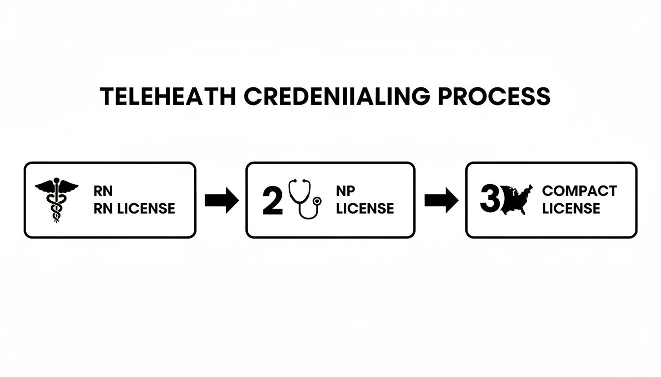 Flowchart illustrating the telehealth credentialing process for nurses, showing steps for RN, NP, and compact licenses.