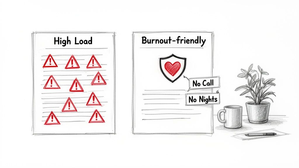 Two documents illustrating high-load job stress with warnings versus a burnout-friendly job with no calls or nights.