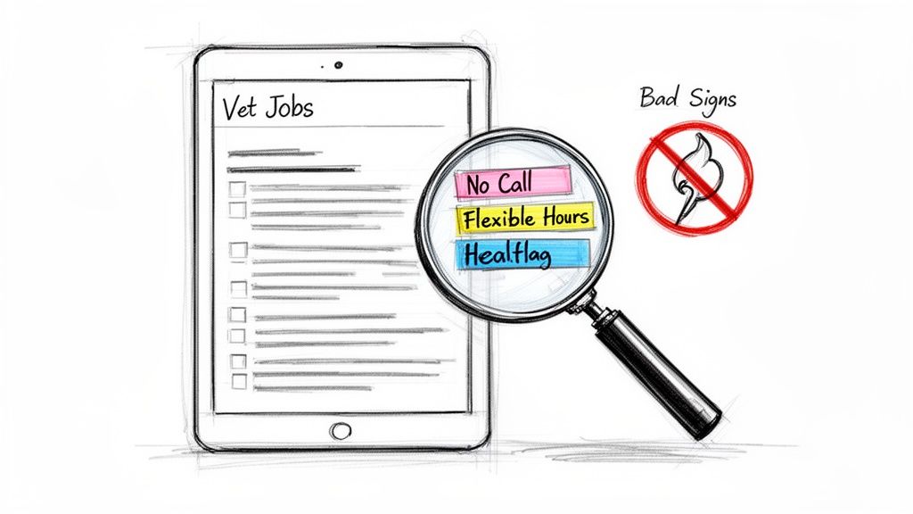 A sketch of a tablet with "Vet Jobs" and a magnifying glass highlighting "No Call", "Flexible Hours", "Healflag" job red flags.