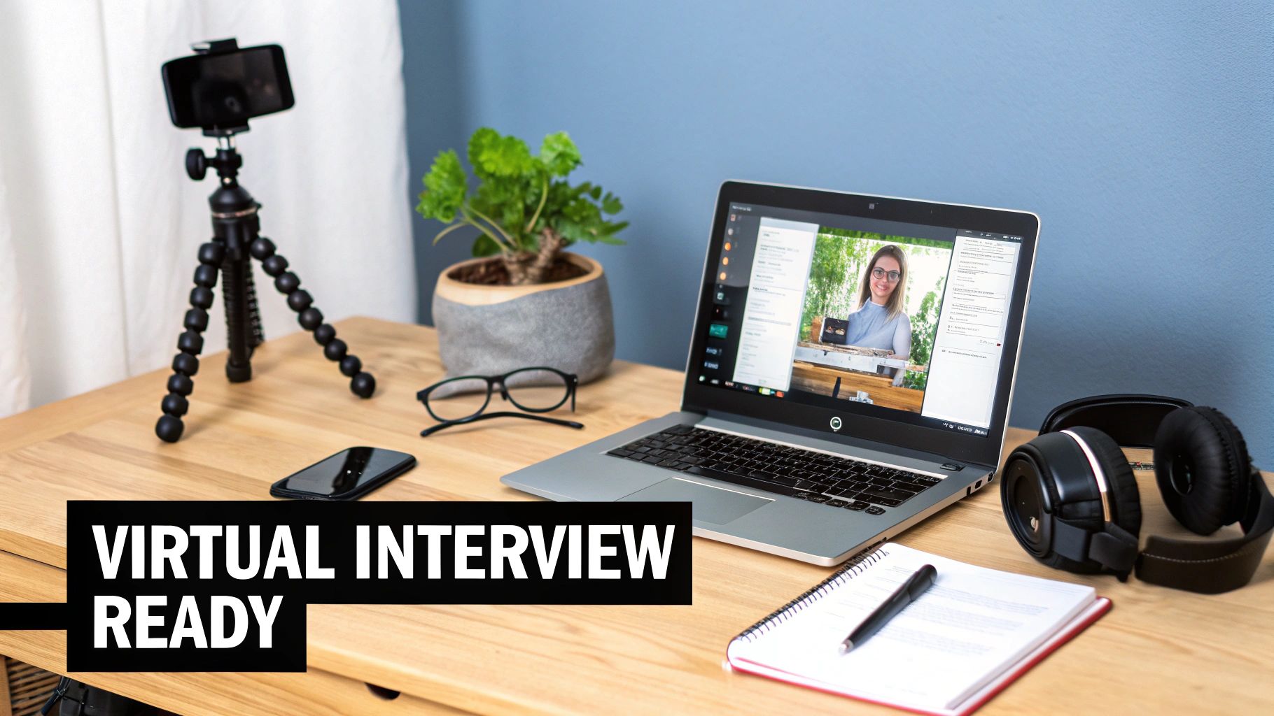 A desk with a laptop showing a virtual interview, a phone on a tripod, headphones, and a notebook.