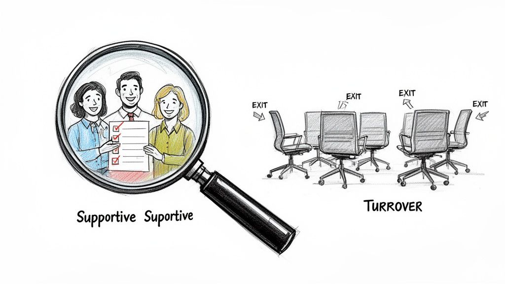 Illustration contrasting a supportive team with high employee turnover, showing a magnifying glass over a team and empty chairs.