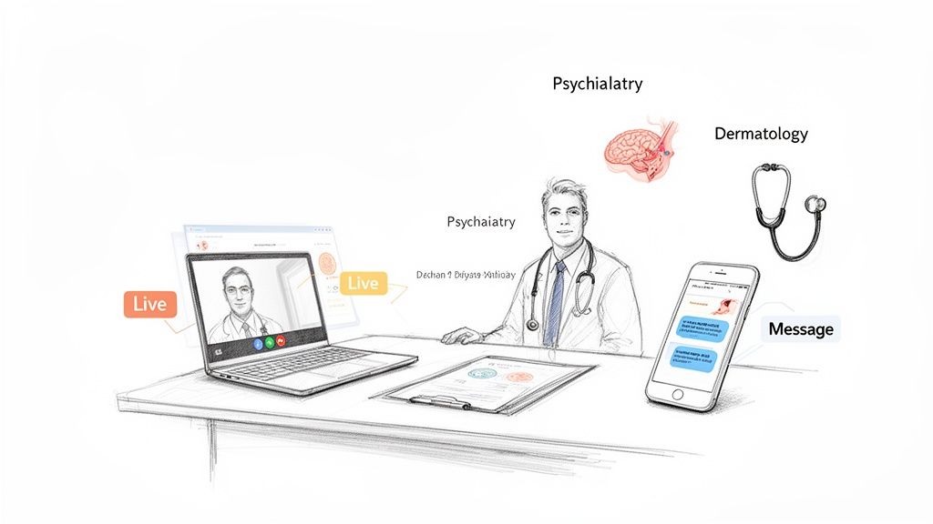 Illustration of telemedicine services showing a doctor, laptop video call, phone messaging, and symbols for psychiatry and dermatology.