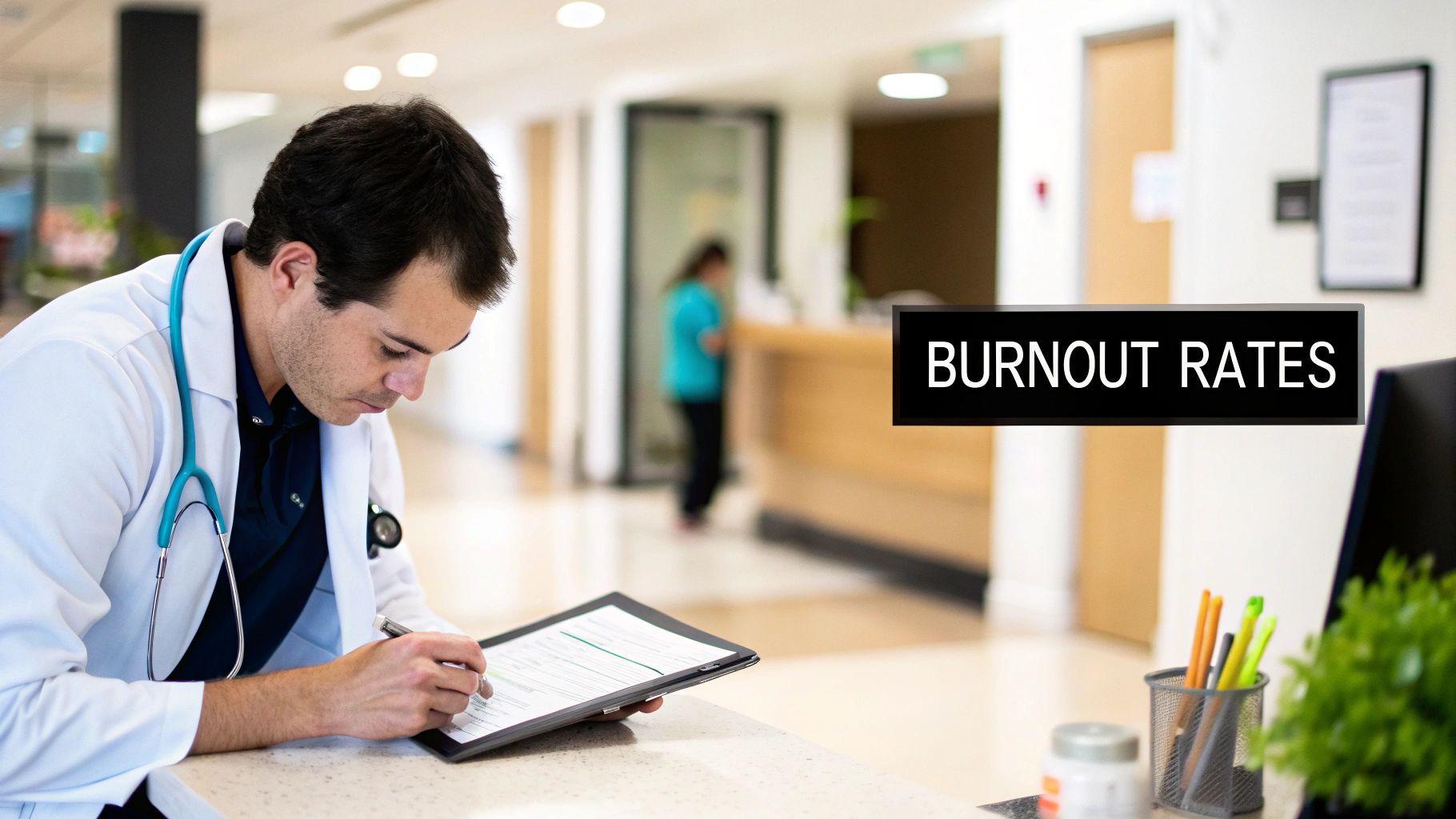 A focused male doctor in a white coat writes on a clipboard at a desk, showing 'BURNOUT RATES'.