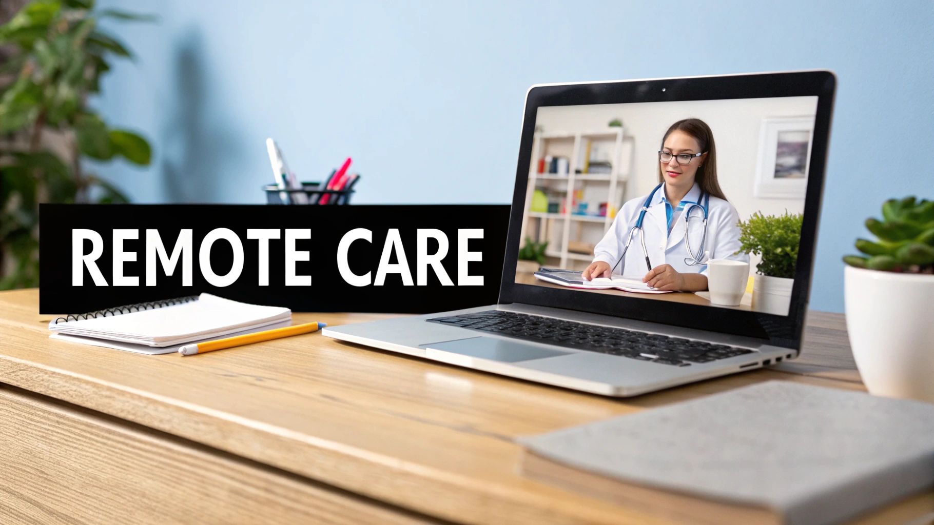 A laptop displays a female doctor on a video call, alongside a 'REMOTE CARE' sign on a desk.