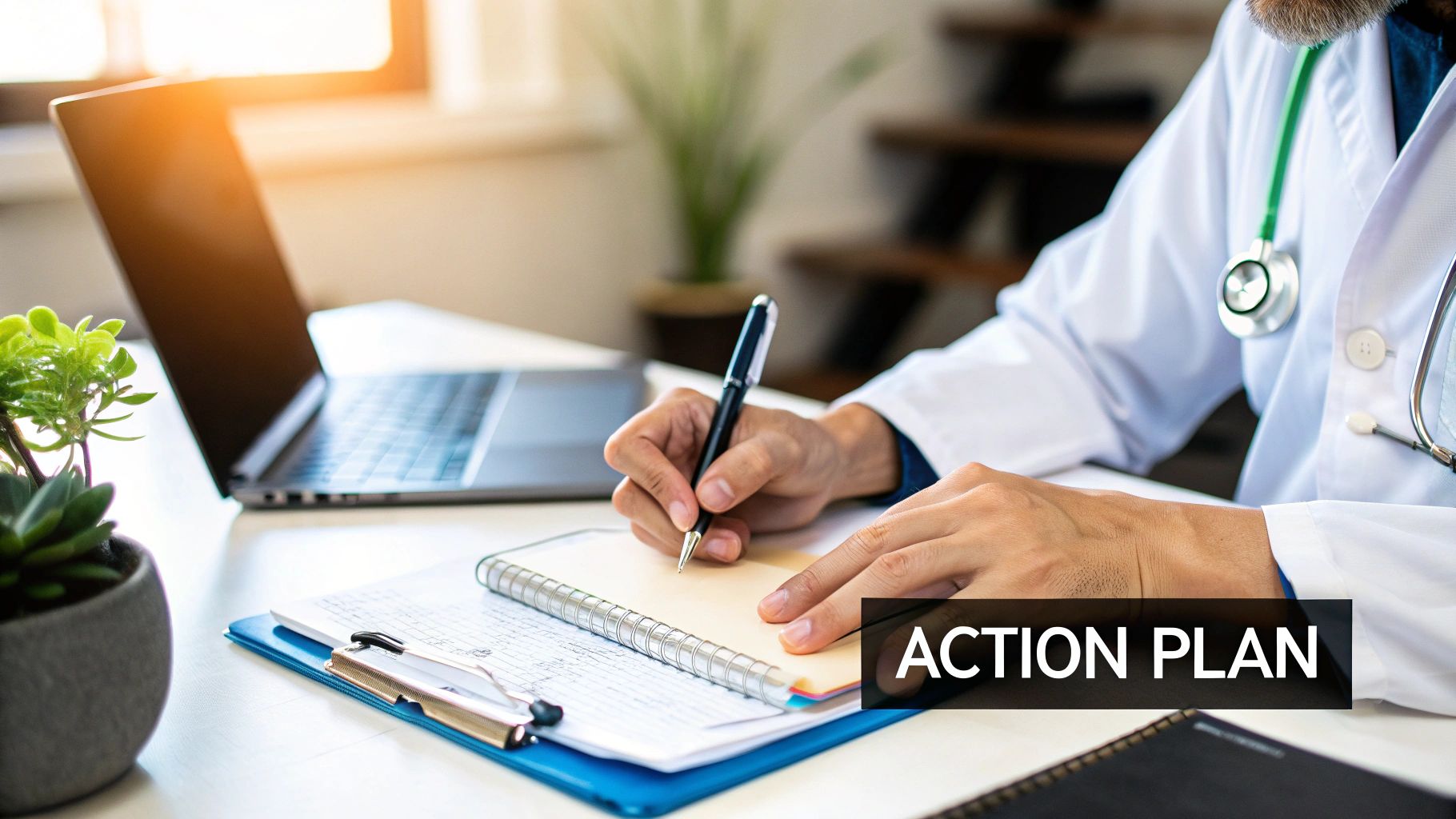 A doctor in a white coat writes in a notebook, creating an action plan at their desk.