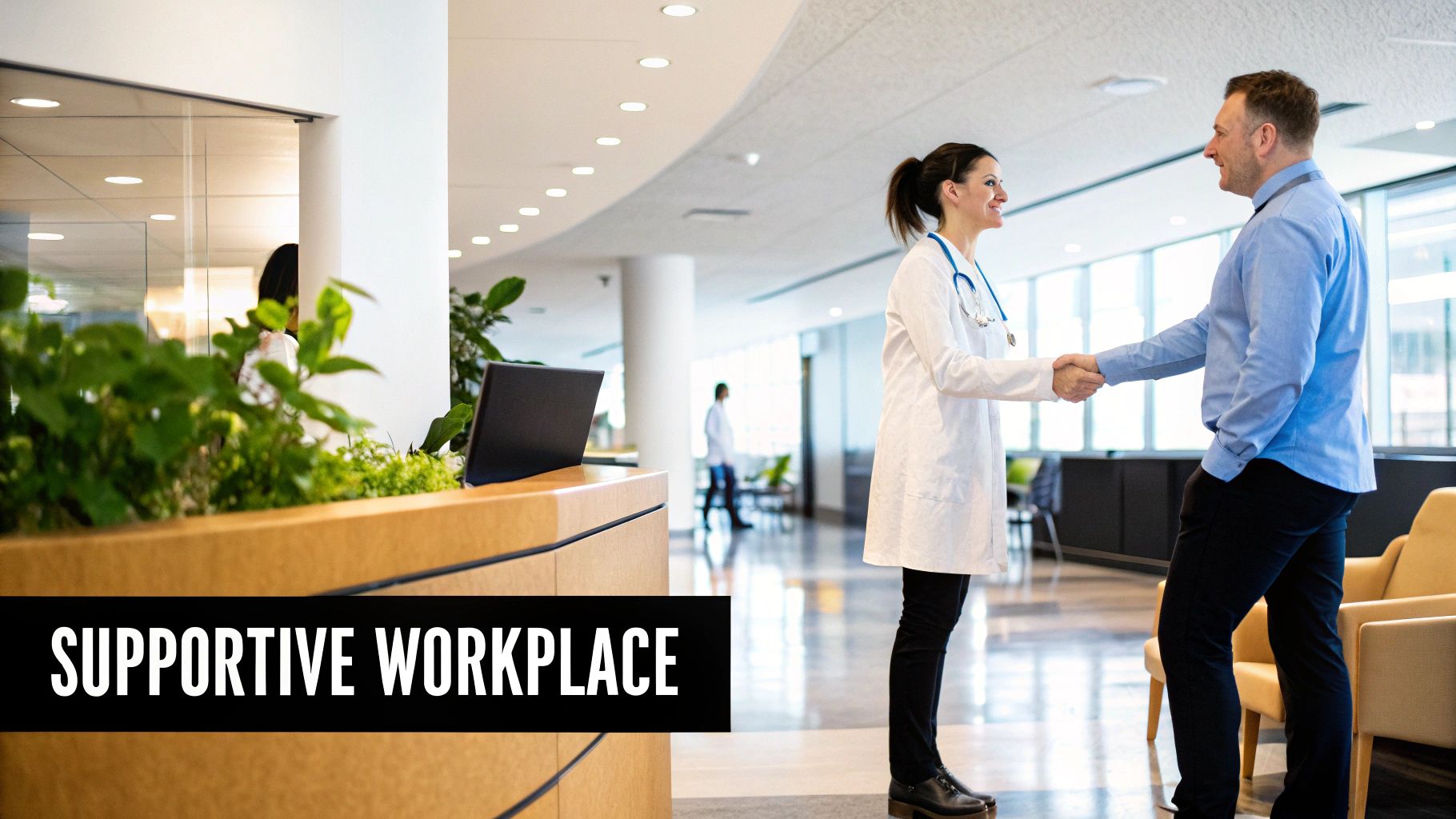 A smiling female doctor in a white coat shakes hands with a male in a modern healthcare setting, symbolizing a supportive workplace.