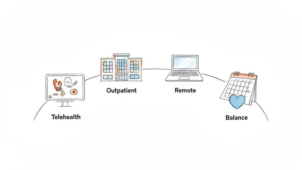 Illustration depicting four nurse practitioner work models: Telehealth, Outpatient, Remote, and work-life Balance.