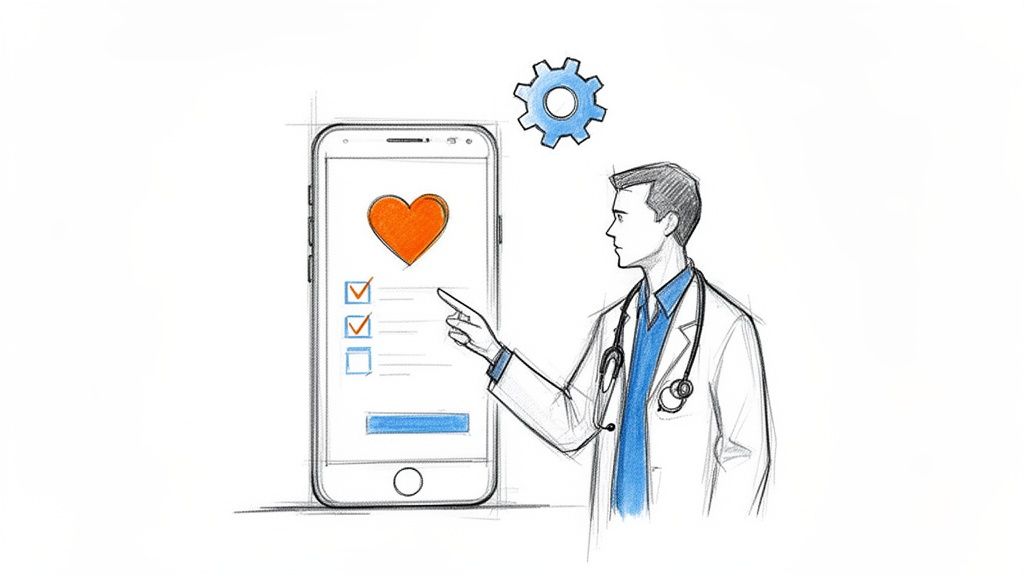 A doctor uses a mobile health application, displaying a heart, checklist, and a settings gear.