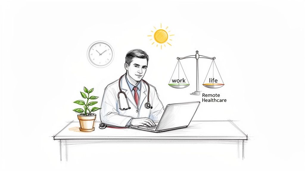 Sketch of a doctor using a laptop, representing work-life balance with remote healthcare.