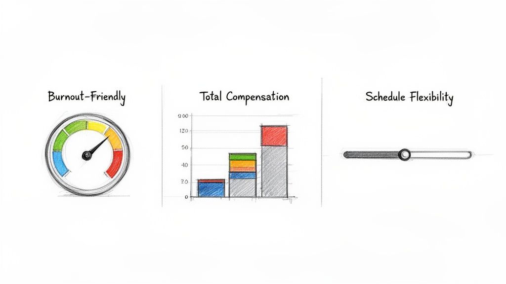 Three hand-drawn graphs illustrating job factors: a burnout gauge, a total compensation bar chart, and a schedule flexibility slider.