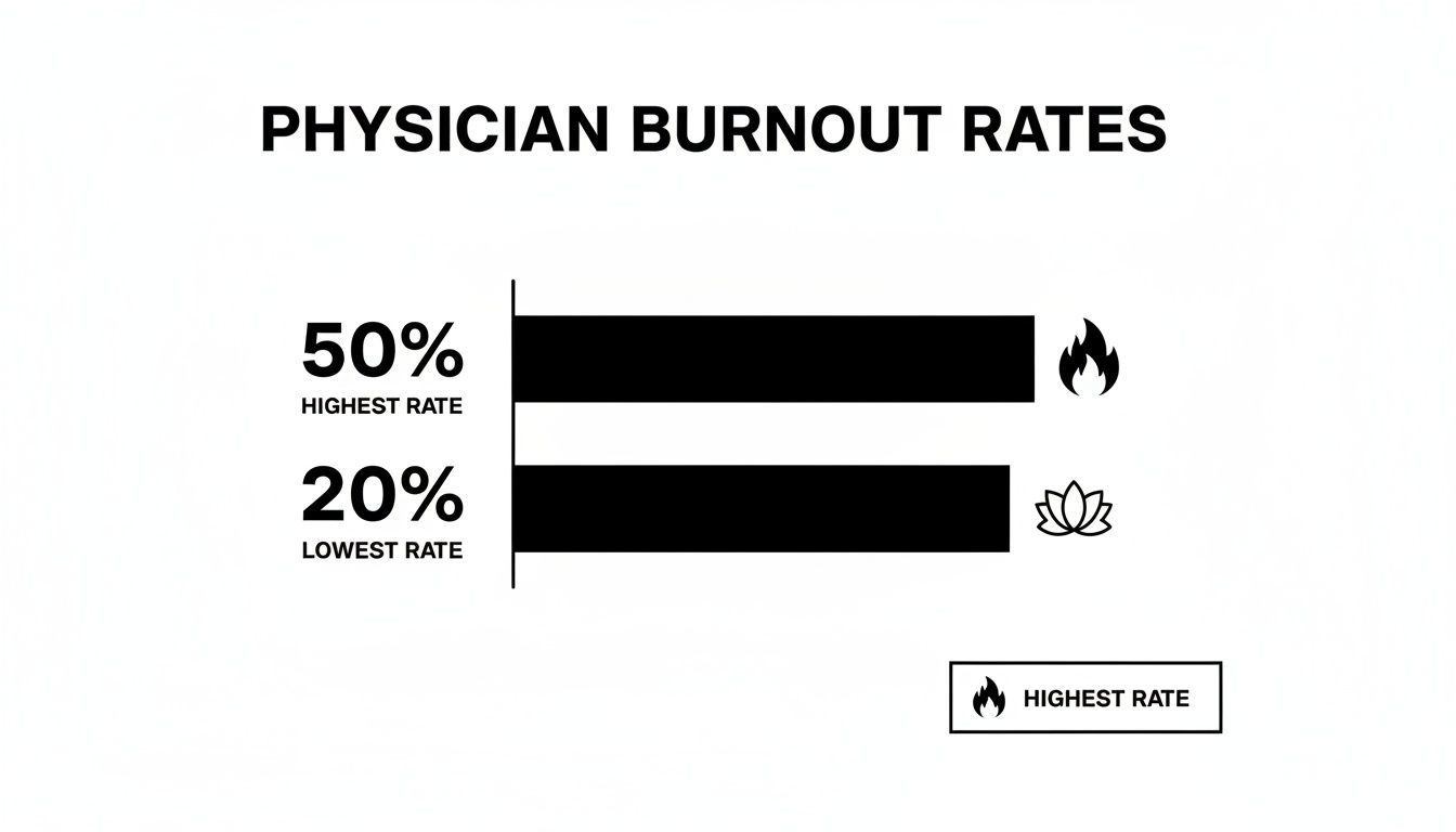 A bar chart illustrating physician burnout rates, showing 50% as the highest and 20% as the lowest.