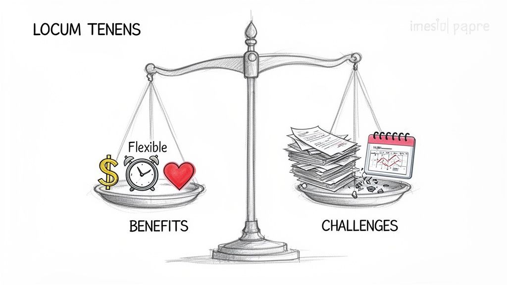 A balance scale weighs locum tenens benefits (money, flexibility, heart) against challenges (paperwork, calendar, stress).