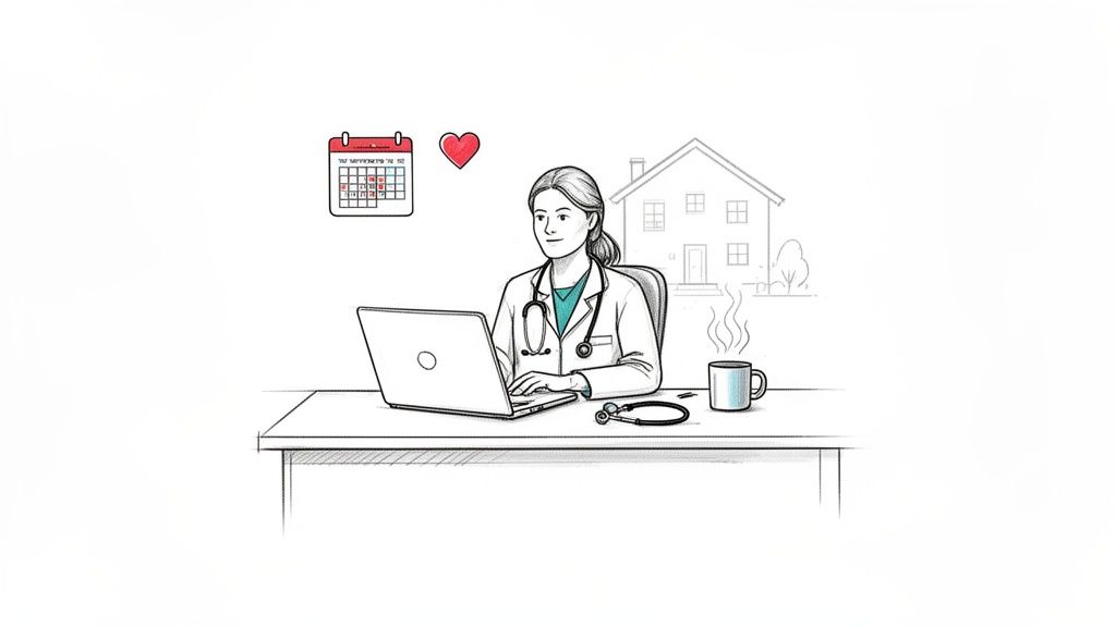 A female doctor works on a laptop at a desk, providing remote healthcare services from home.