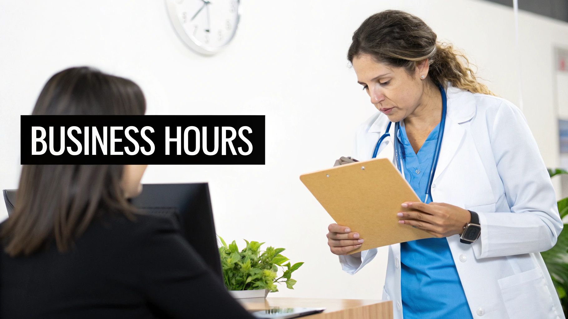 A female doctor in a lab coat and stethoscope reviews a clipboard in a medical office.