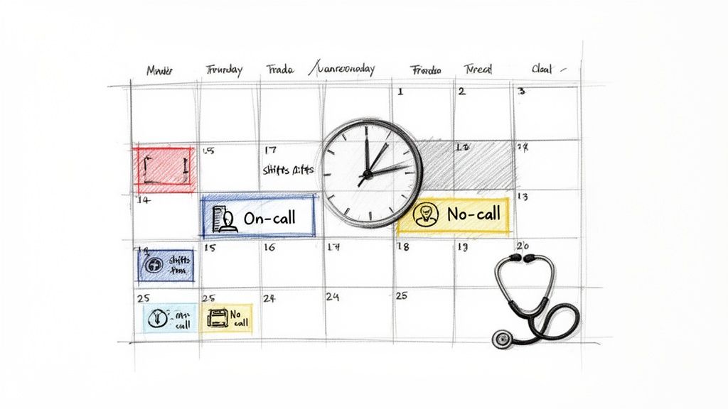 A hand-drawn calendar sketching out medical shifts, on-call, and no-call days, with a clock and stethoscope.