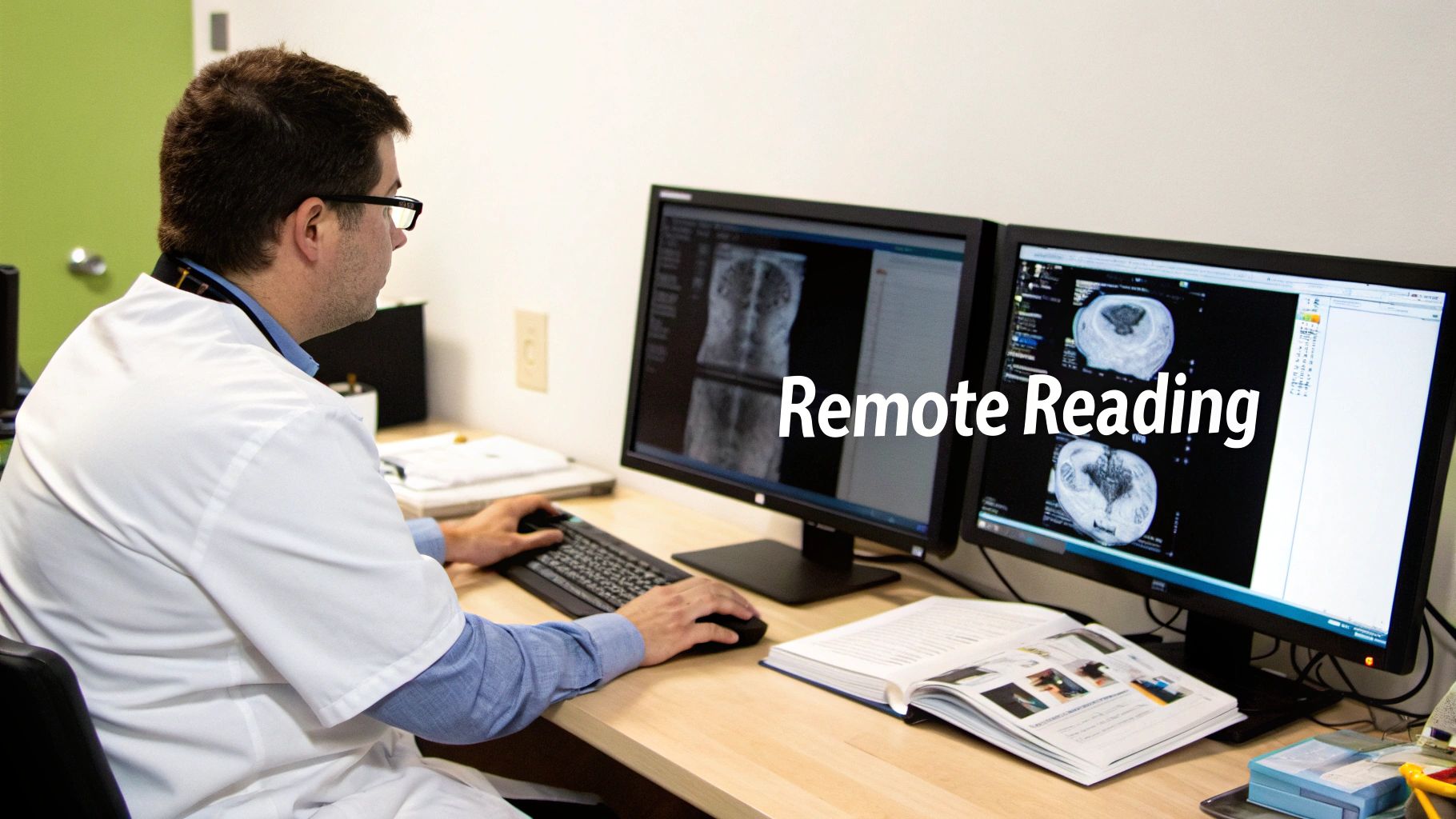 A radiologist in a lab coat views medical images on dual monitors for remote reading.