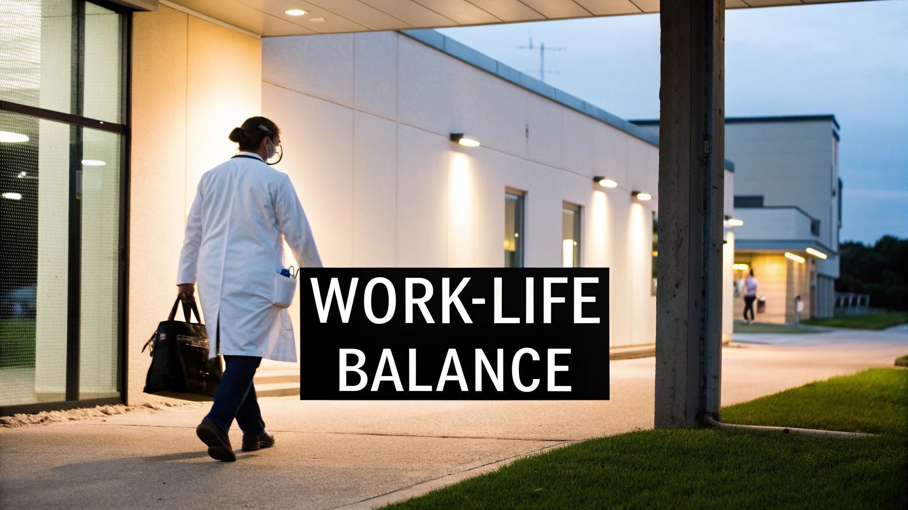 A healthcare professional in a white coat exits a building at twilight, reflecting on work-life balance.