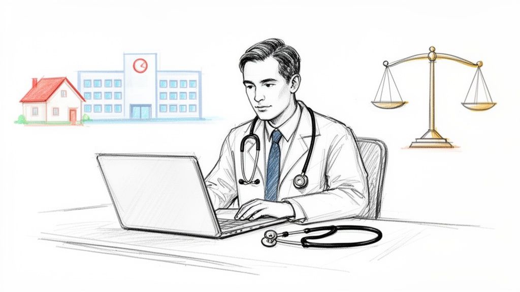 A male physician in a lab coat works on a laptop, with medical and legal symbols.