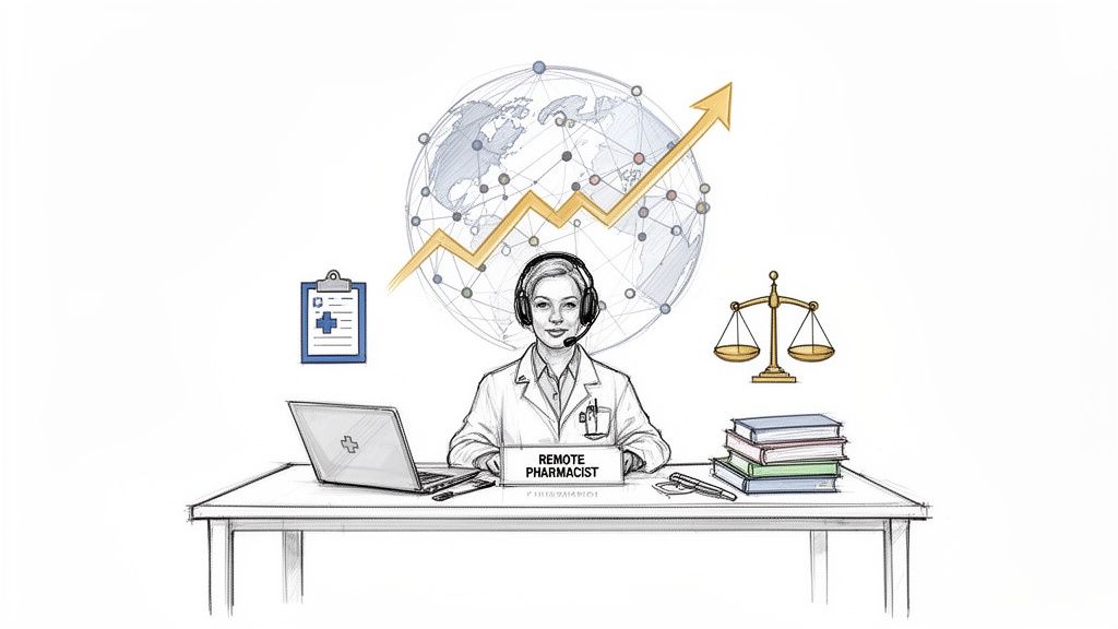 A female remote pharmacist wearing a headset sits at a desk with a laptop, globally connected.