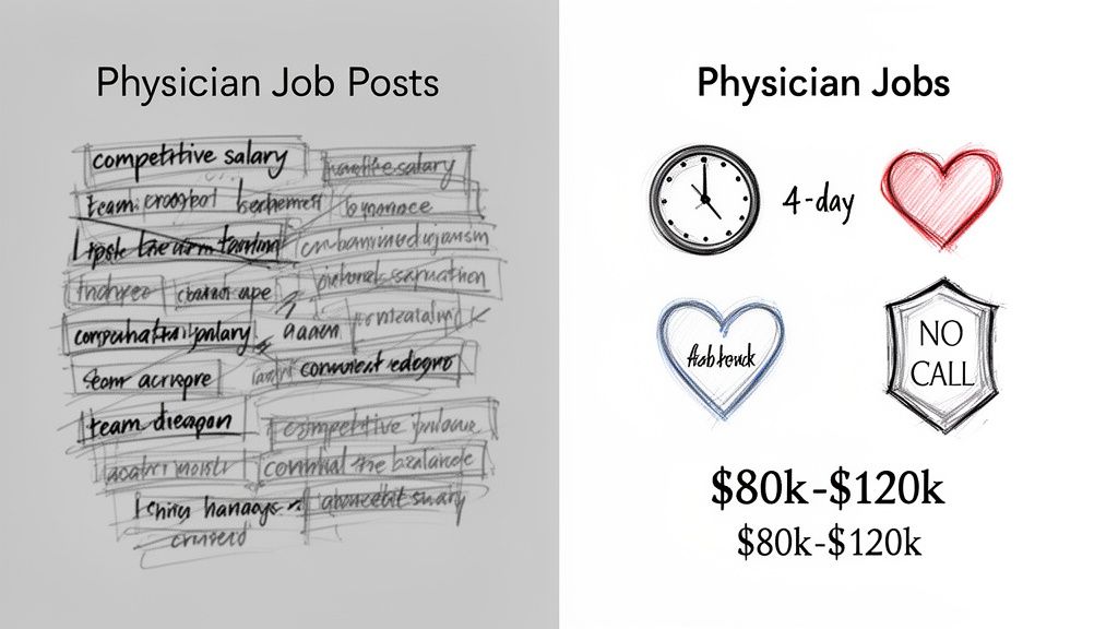 An image contrasting vague physician job post descriptions with clear desired job features like work-life balance and salary.