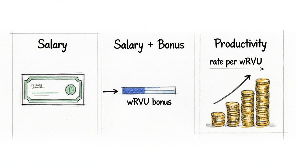 An illustration comparing fixed salary, salary with wRVU bonus, and increasing pay based on wRVU productivity.