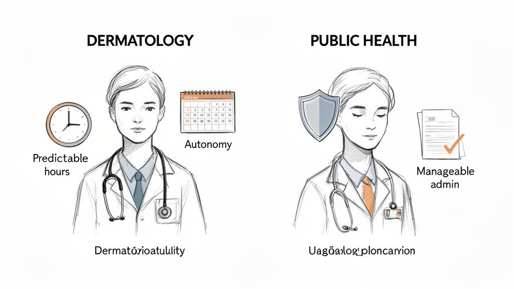 Two illustrations of doctors comparing benefits of dermatology (predictable hours, autonomy) and public health (manageable admin).