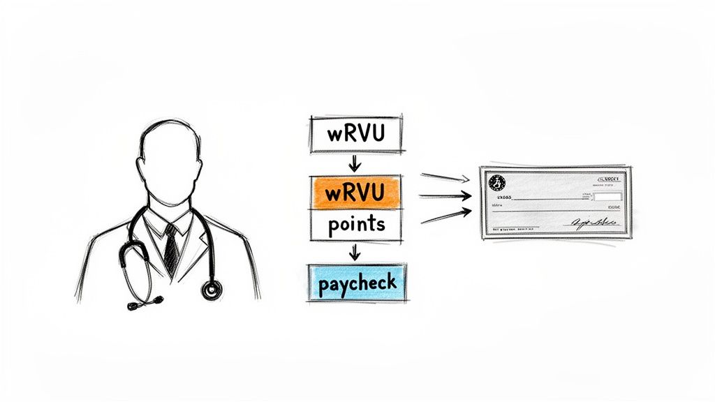 Diagram showing a doctor's compensation model: wRVU converts to wRVU points, leading to a paycheck.