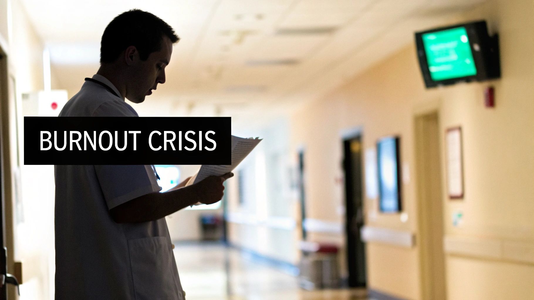 A healthcare worker in silhouette reads documents in a hospital hallway, with a text overlay saying 'BURNOUT CRISIS'.