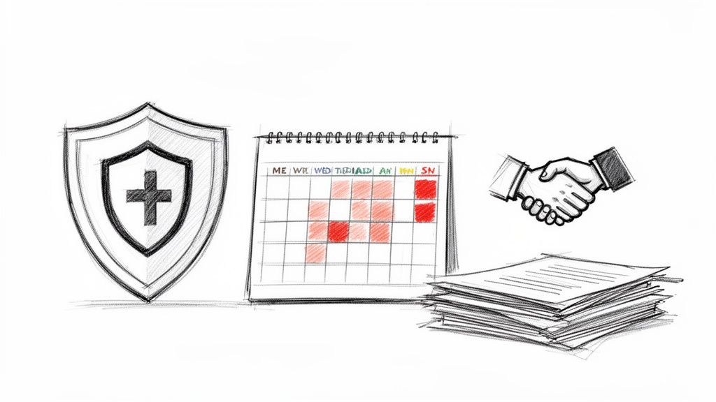 Sketch drawing of medical shield, calendar, handshake, and stack of papers, representing health agreements.