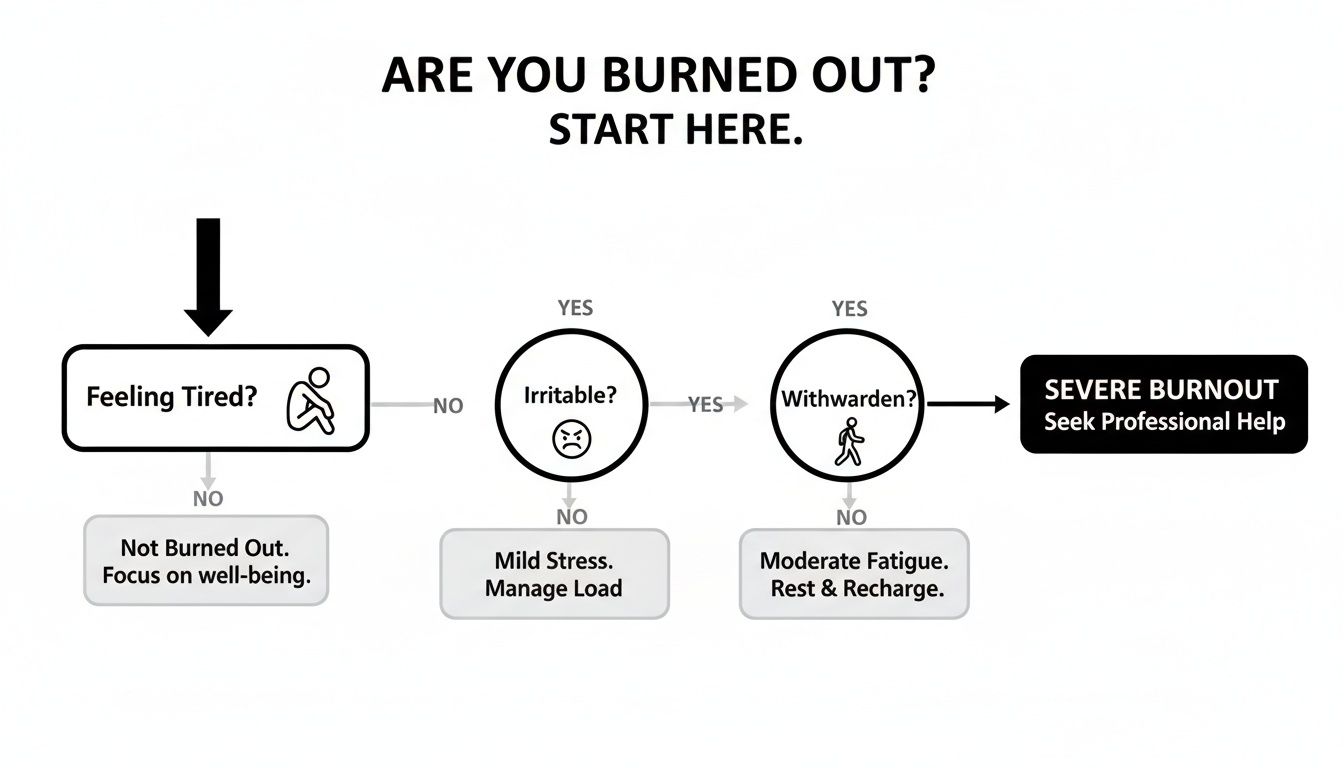 Flowchart assessing burnout symptoms: feeling tired, irritability, and withdrawal, leading to stress levels and advice.