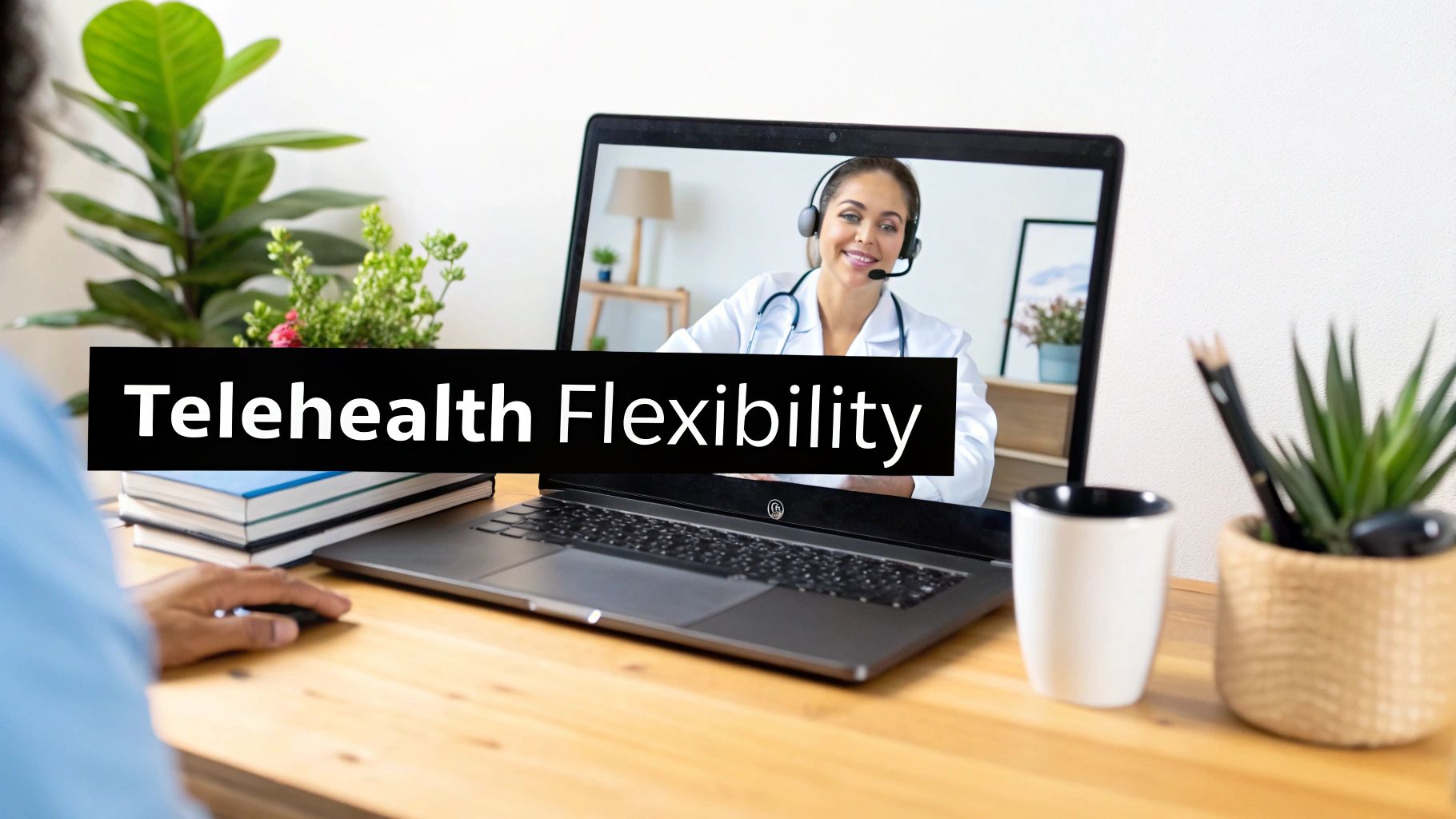 A person using a laptop for a telehealth consultation with a smiling doctor, with text 'Telehealth Flexibility'.