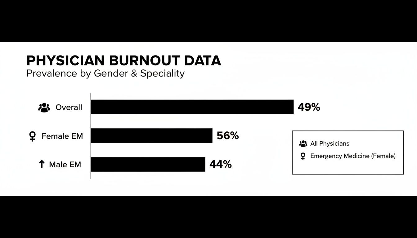 Bar chart showing physician burnout prevalence: 49% overall, 56% for female EM, and 44% for male EM.