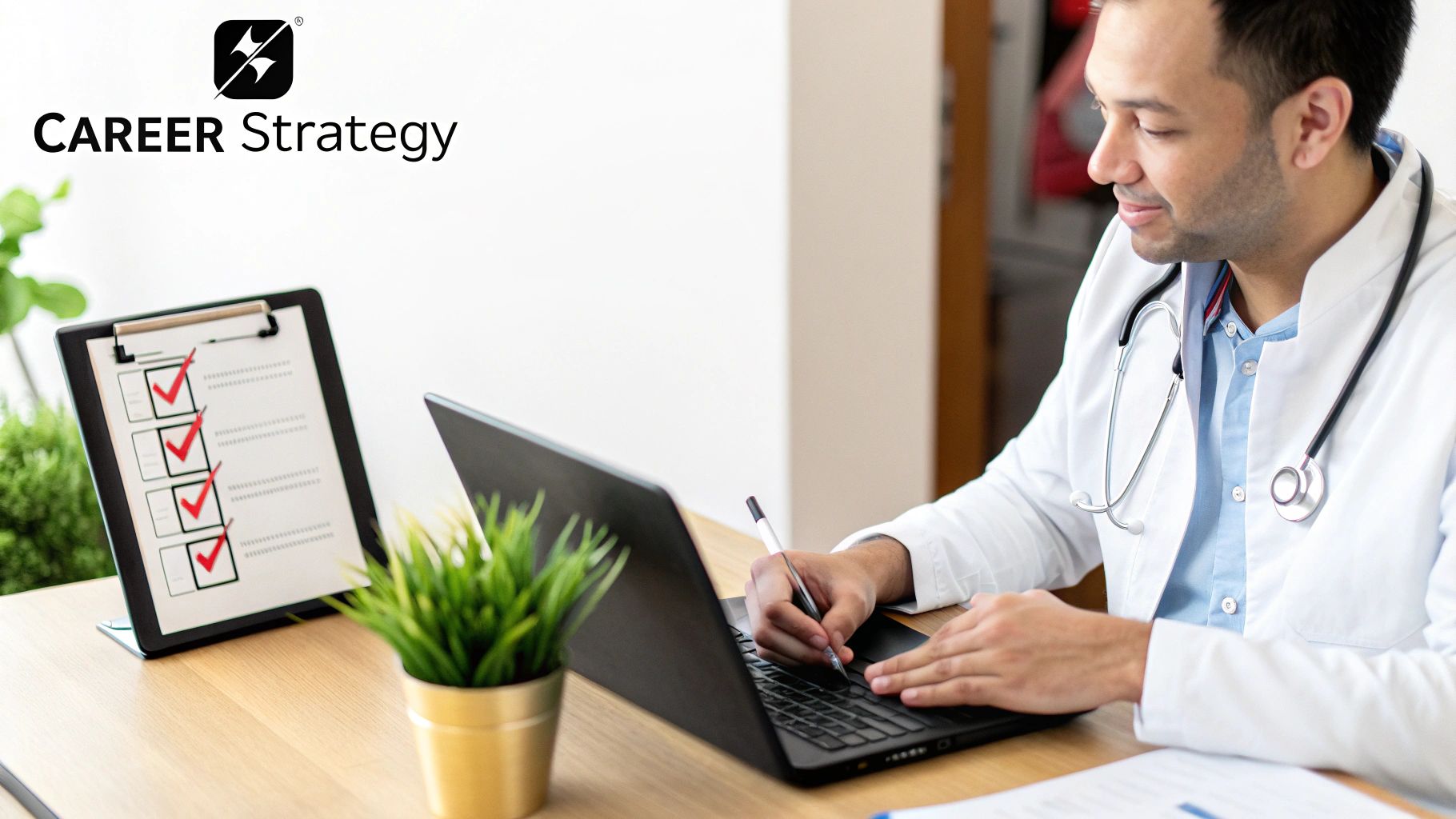 A focused male doctor in a white coat works on a laptop, writing notes, with a completed checklist on his desk.
