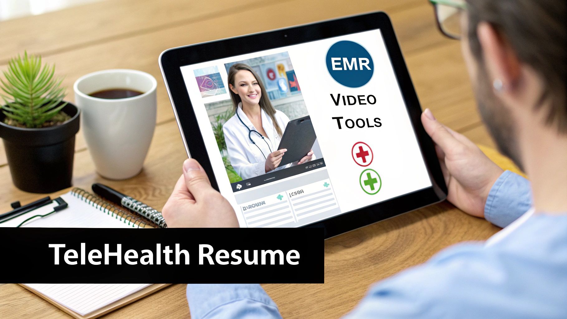 A person views a digital telehealth resume on a tablet, featuring a doctor and EMR video tools.
